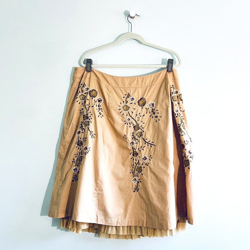 Talbots - Khaki A-Line Skirt with Floral Embroidery and Beadwork - 20W